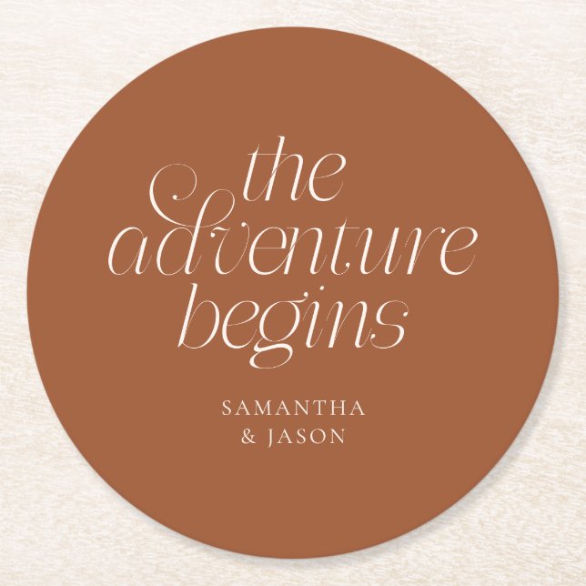 The Adventure Begins Terracotta Wedding Round Paper Coaster (Front)