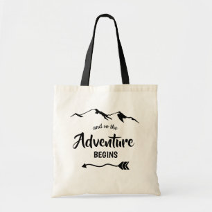The Adventure Begins Trendy Black and White Tote Bag