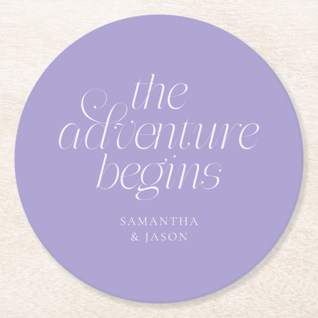 The Adventure Begins Violet Wedding Round Paper Coaster (Front)