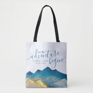 The Adventure Begins Watercolor Mountains Wedding Tote Bag