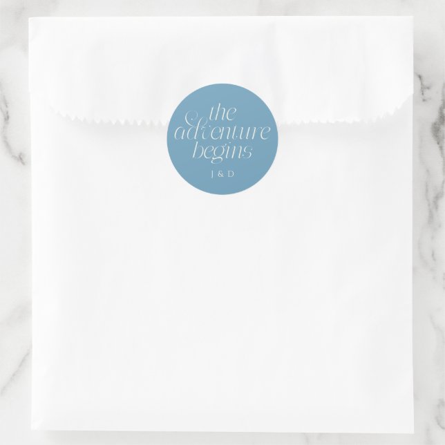The Adventure Begins Wedding Denim Blue Classic Round Sticker (Bag)