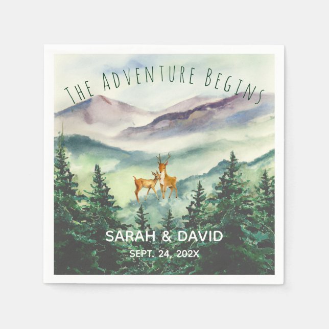 The Adventure Begins  Wedding Mountains Deer Pines Napkin (Front)