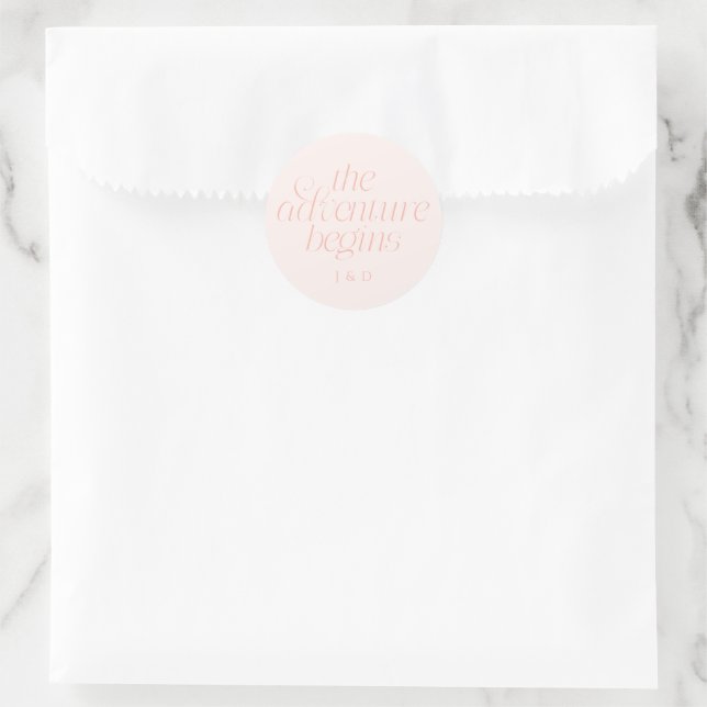 The Adventure Begins Wedding Peach Classic Round Sticker (Bag)
