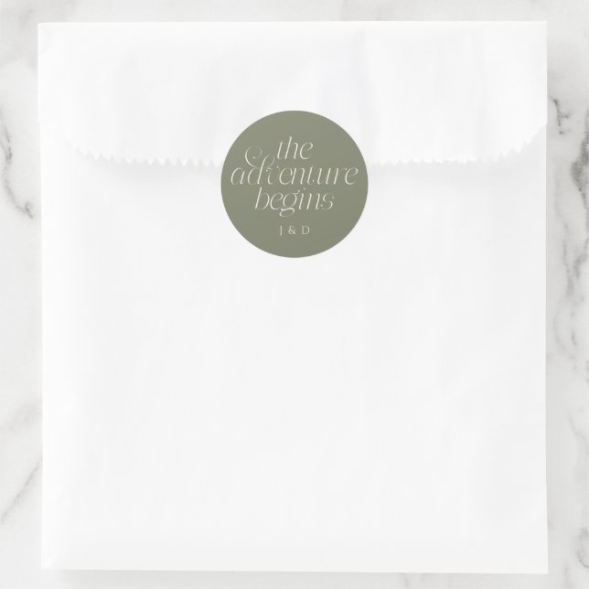 The Adventure Begins Wedding Sage Green Classic Round Sticker (Bag)