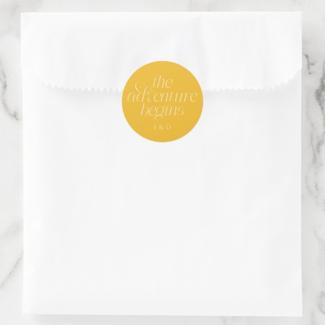The Adventure Begins Wedding Yellow Classic Round Sticker (Bag)