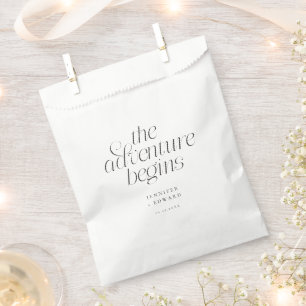 The Adventure Begins White Minimalist Wedding Favour Bags