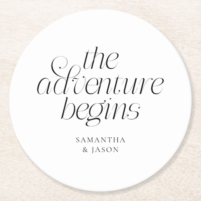 The Adventure Begins White Wedding Round Paper Coaster (Front)