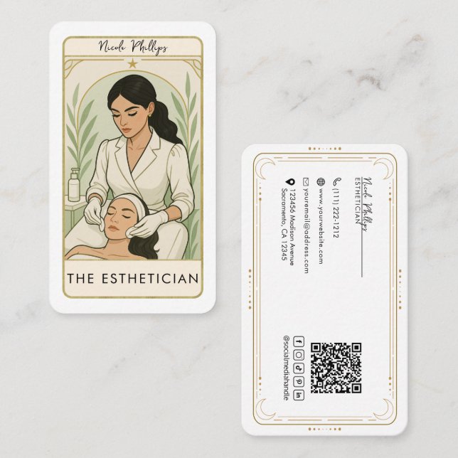 The Aesthetician Skin Care Tarot Social Media QR Business Card (Front/Back)