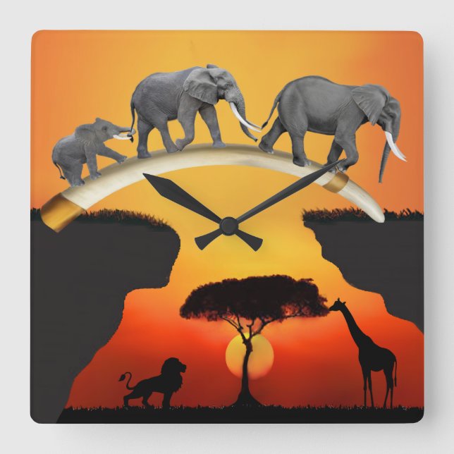 THE AFRICAN ELEPHANT FAMILY SQUARE WALL CLOCK (Front)