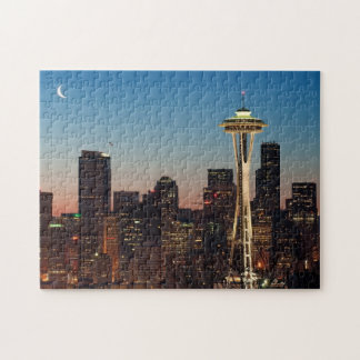 The American flag flies between the rising moon Jigsaw Puzzle