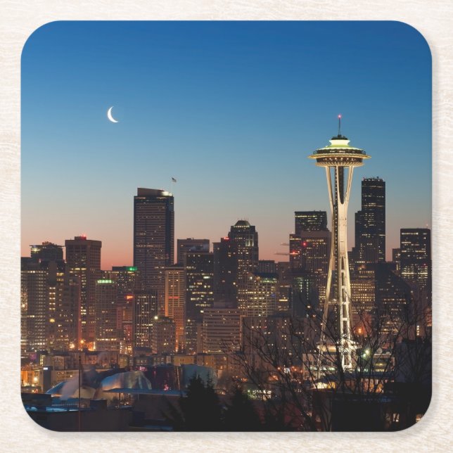 The American flag flies between the rising moon Square Paper Coaster (Front)