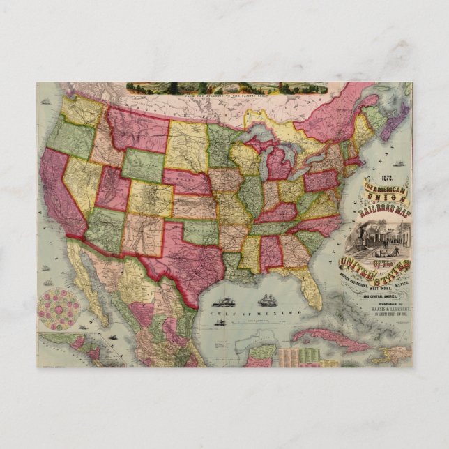 The American Union Railroad Map of the USA, 1872 Postcard (Front)