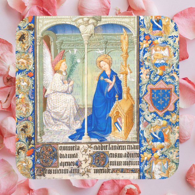 The Annunciation Virgin Mary Mediaeval Illuminatio Square Sticker (The Annunciation Blessed Virgin Mary Archangel Michael Medieval Manuscript Illumination Sticker)