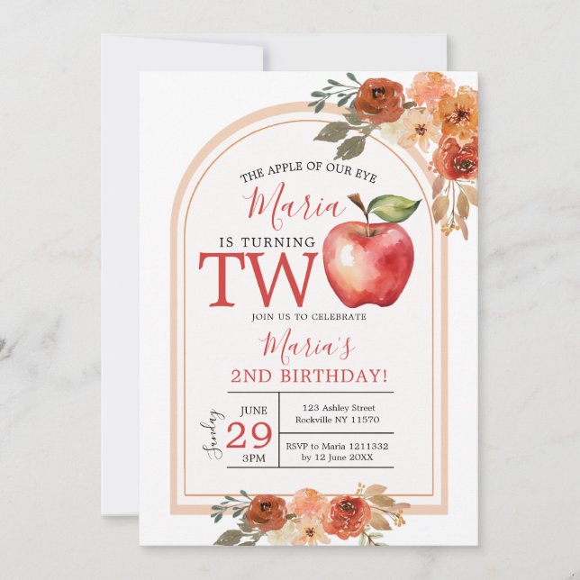 The apple of our eye is Turning Two Fall Birthday Invitation (Front)