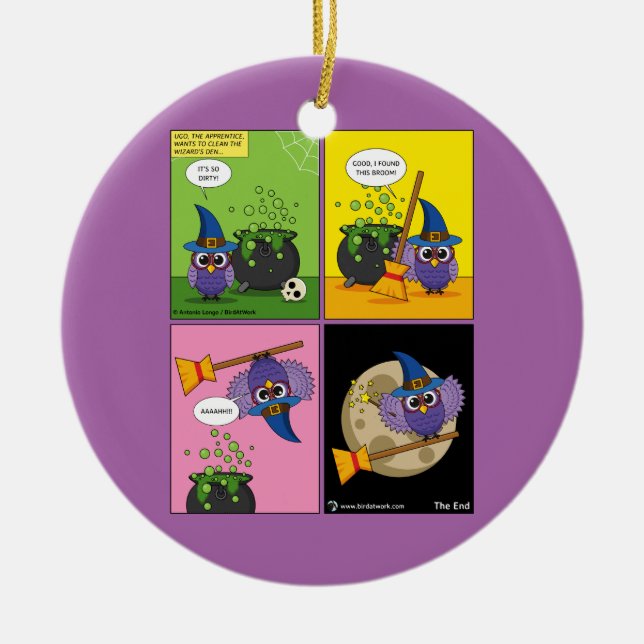 The Apprentice Wizard - Cleaning Comic Ceramic Tree Decoration (Front)