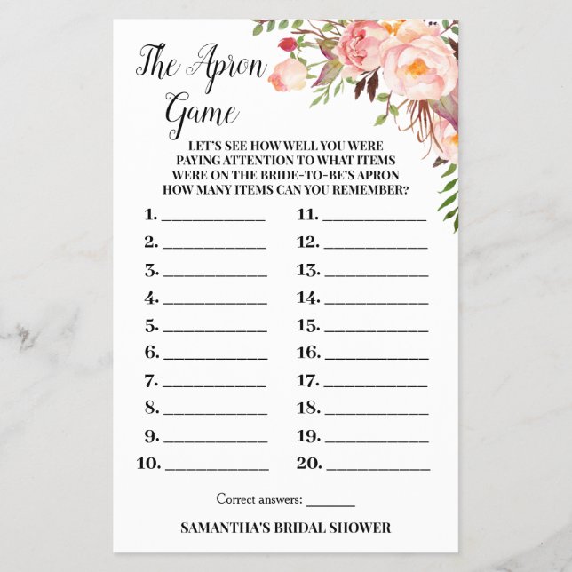 The Apron Bridal Shower Pink Flowers Game Card (Front)