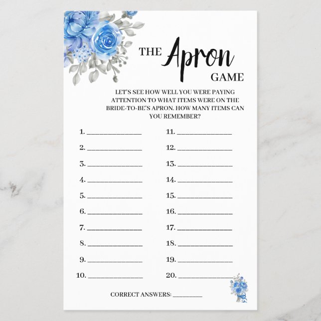 The Apron Game BlueFlowers Bridal Shower Game Card (Front)