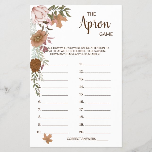 The Apron Game Boho Autumn Bridal Shower Game Card (Front)