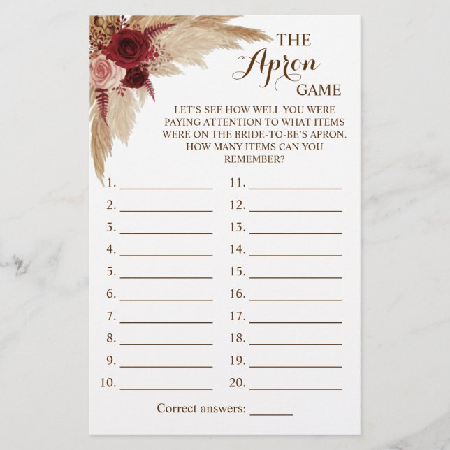 The Apron Game Pampas Grass Shower Game Card (Front)