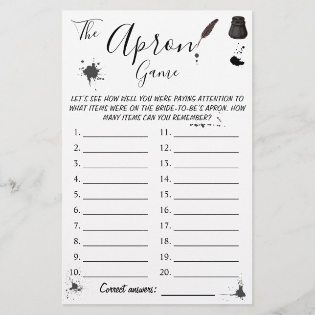 The Apron Game | Pen & Inkwell Shower Game Card (Front)