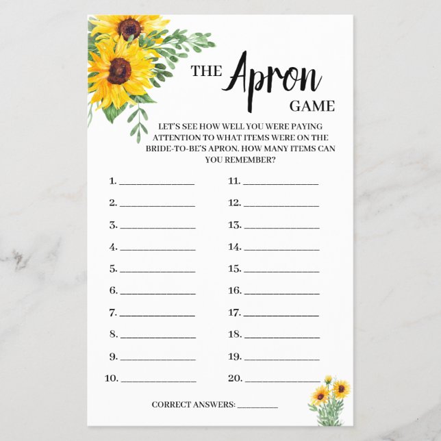 The Apron Game Sunflowers Bridal Shower Game Card (Front)