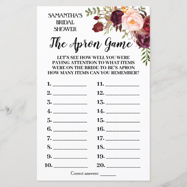 The Apron Marsala Flowers Bridal Shower Game (Front)