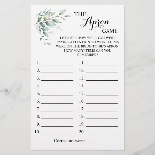 The Apron Shower Greenery Eucaliptus Game Card (Front)
