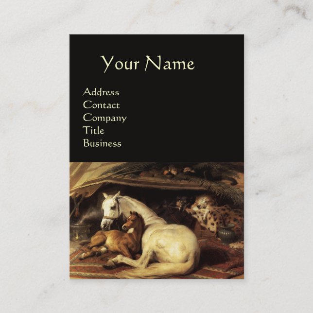 THE ARAB TENT WITH HORSES,OTHER ANIMALS ,black Business Card (Front)