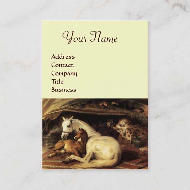 THE ARAB TENT WITH HORSES,OTHER ANIMALS,cream Business Card (Front)