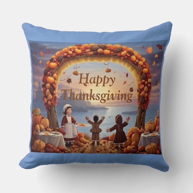 The Arrival of Thanksgiving Throw Pillow (Front)