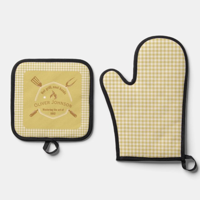 The Art Of BBQ Golden Yellow Plaid Pattern Oven Mitt & Pot Holder Set (Front)