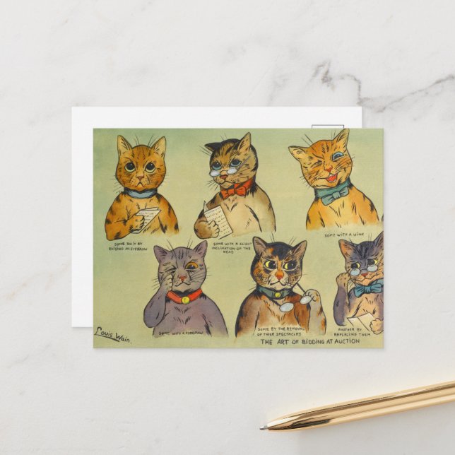 The Art of Bidding at Auction by Louis Wain Holiday Postcard (Front/Back In Situ)