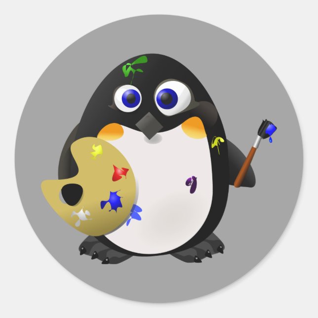 "The Artist" -- Cute Painter Penguin Classic Round Sticker (Front)