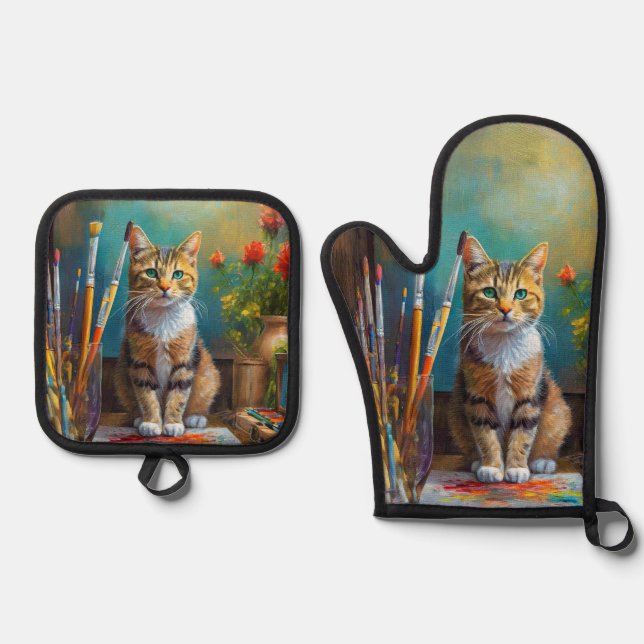 The Artistic Cat Oven Mitt & Pot Holder Set (Front)