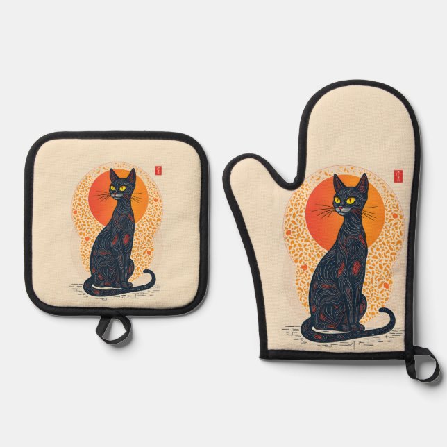The Artistic Cat Oven Mitt & Pot Holder Set (Front)