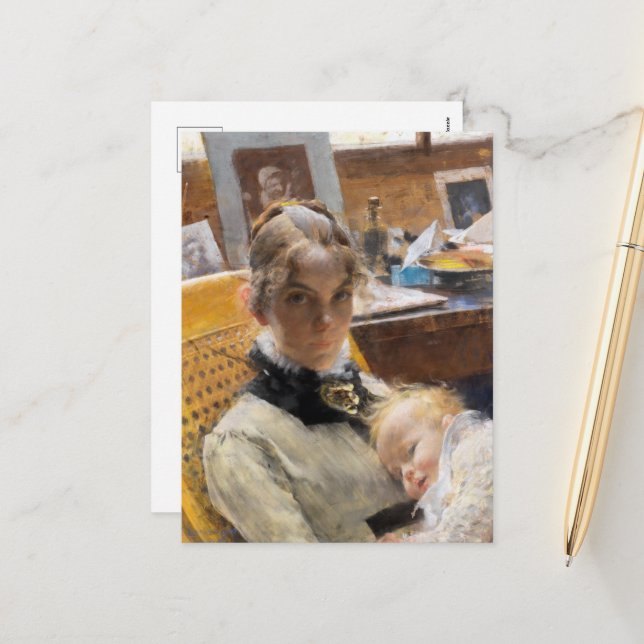 The Artist's Wife and their Daughter by Larsson Holiday Postcard (Front/Back In Situ)