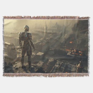 The Ascendant Guardian: Cyberpunk Sci Fi Art Throw Blanket