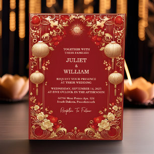 The Asian Modern Floral Chinese Bilingual Wedding Invitation