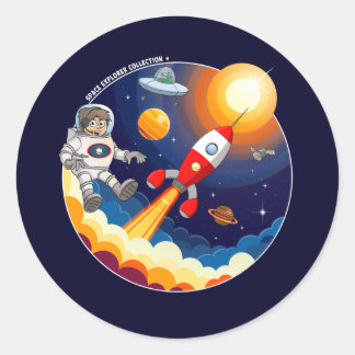 The astronaut and the red rocket in space. classic round sticker