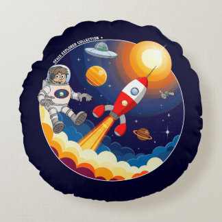 The astronaut and the red rocket in space. round cushion