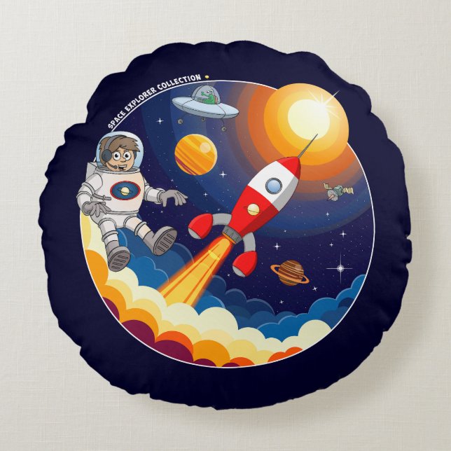 The astronaut and the red rocket in space. round cushion (Front)