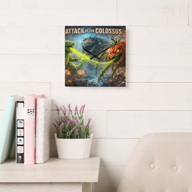 The attack of the Colossus mutant veggie square wa Wall Clock (Reading Room)