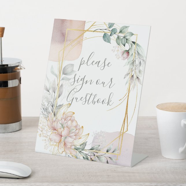 The Aureate Frame Floral Greenery Wedding  Pedestal Sign (In SItu)