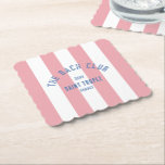 The Bach Club Blue Crest Pink Cabana Stripe Paper Coaster<br><div class="desc">The Bach Club paper coasters are perfect for your beach club theme bachelorette party in the garden, by the pool or at the beach... Pink cabana stripes with blue distressed custom bach club crest. Personalise with the details of your bachelorette... year, beach and destination. Perfect for your destination bachelorette or...</div>