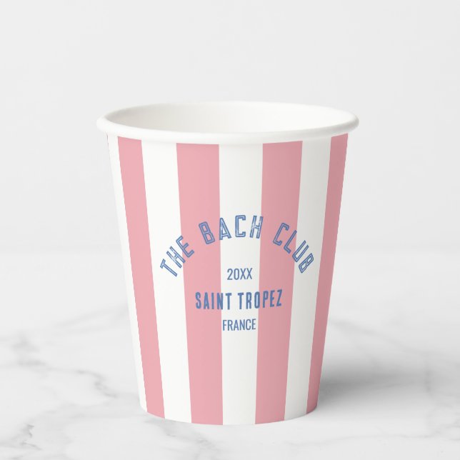The Bach Club Blue Crest Pink Cabana Stripe Paper Cups (Front)