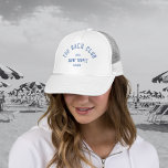 The Bach Club Blue Custom Crest Bachelorette Trucker Hat<br><div class="desc">The Bach Club hat is perfect for your beach club theme bachelorette party. Blue distressed custom bach club crest. Personalise with the details of your bachelorette... year, beach and destination. Perfect for a beach theme bachelorette party or a destination bachelorette. Matching accessories available in The Bach Club Cabana Stripe Collection....</div>