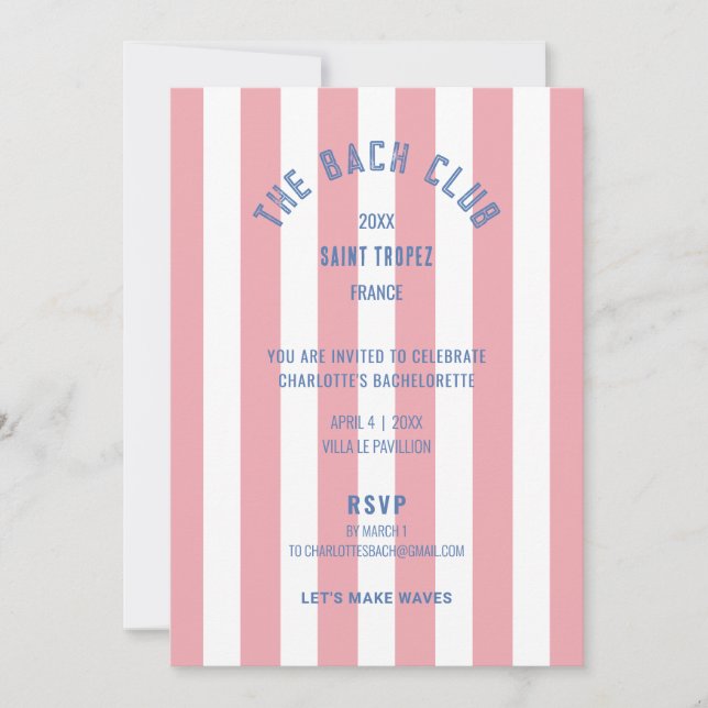 The Bach Club Pink Stripe Bachelorette Party Invitation (Front)