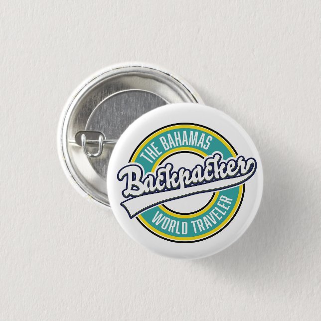 The Bahamas Backpacker World Traveller retro logo. 3 Cm Round Badge (Front & Back)