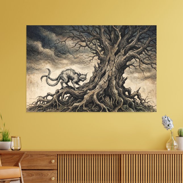 The Bakeneko Under Gnarled Branches Canvas Print (Insitu(LivingRoom))