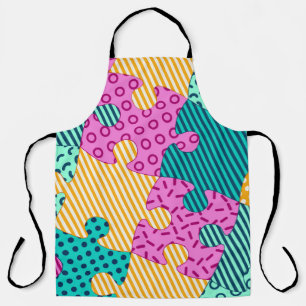 The banner with geometric puzzles, Memphis backgro Apron